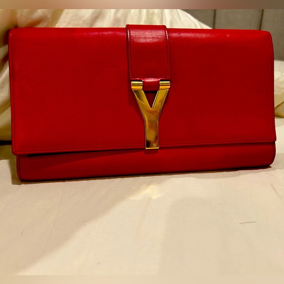 100% Authentic Red Leather Large Saint Laurent ‘Y’ Clutch - Picture 1 of 7